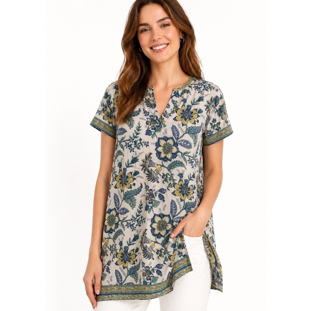 Anokhi Size L Cotton Floral Block Print Tunic | Blue Green Boho Short Sleeve Top